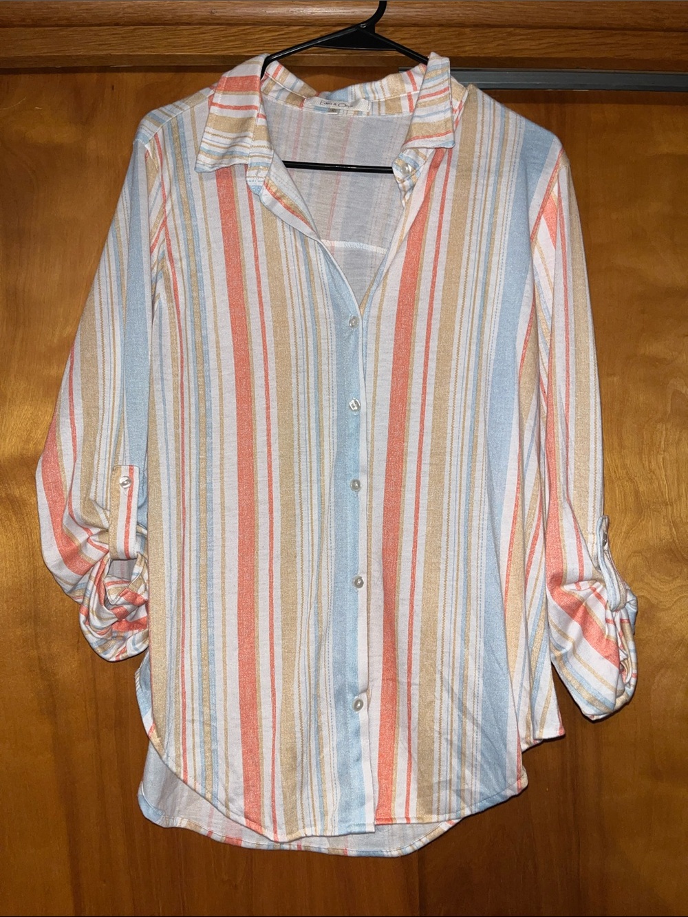 Eden & Olivia Striped Button-Down Shirt in Coral, Light Blue & Tan
